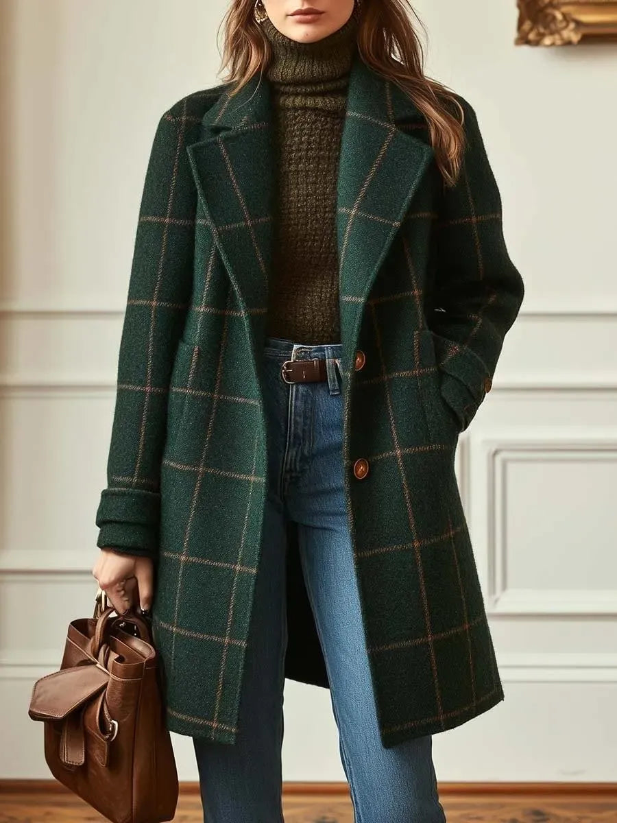 Long Plaid Tweed Coat with Lapel