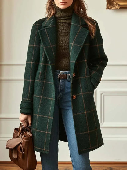 Long Plaid Tweed Coat with Lapel